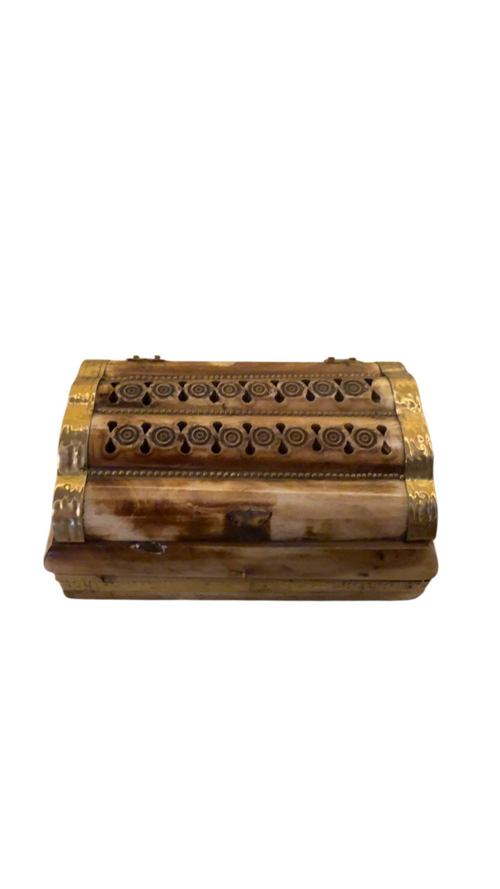 Vintage Hand-Carved Camel Bone & Brass Trinket Box with Ornate Pierced Curved Lid