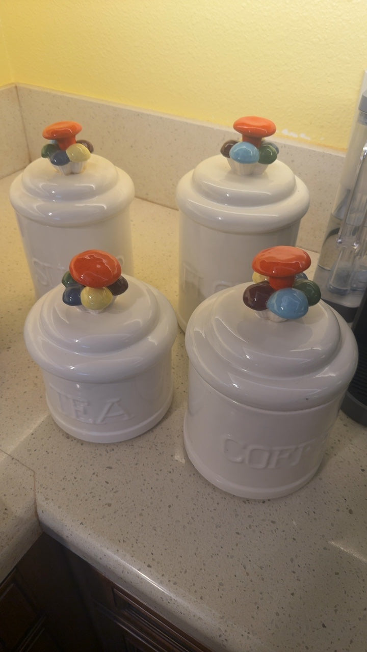 1970s Ceramic Canister Set with Mushroom Handles (Coffee, Tea, Flour & Sugar)