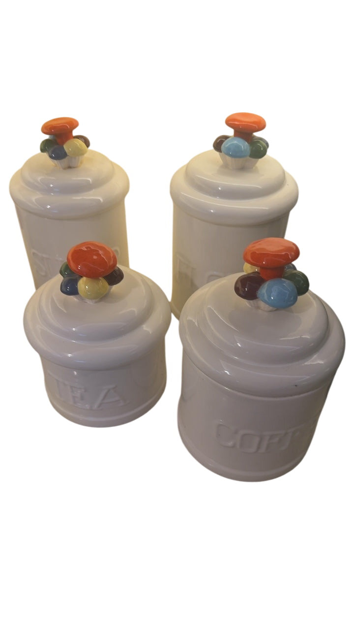 1970s Ceramic Canister Set with Mushroom Handles (Coffee, Tea, Flour & Sugar)
