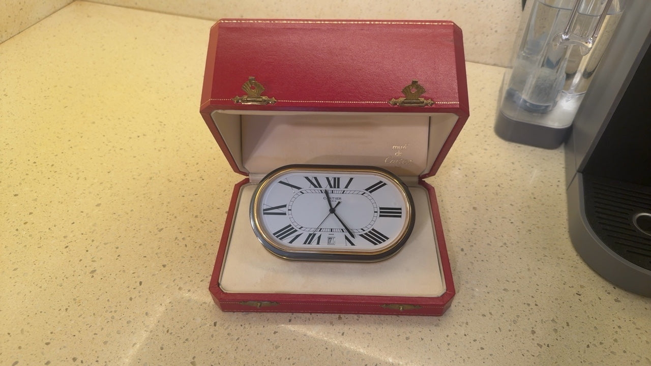 Vintage Cartier “Accordion/Concours” Oval Desk Clock, Ref. 7531 (1980s) with White Enamel Dial, Date Aperture, in Original Red Presentation Box
