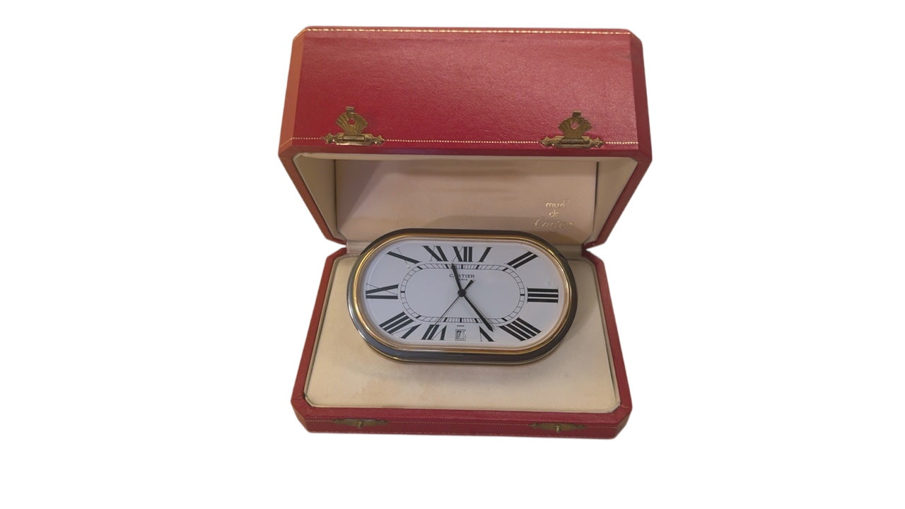 Vintage Cartier “Accordion/Concours” Oval Desk Clock, Ref. 7531 (1980s) with White Enamel Dial, Date Aperture, in Original Red Presentation Box