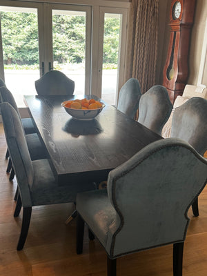 10 Custom Aegean Textile Dining Chairs  (8 Armless, 2 With Arms) With Curved Backs, Tapered Legs & Nailhead-Style Trim