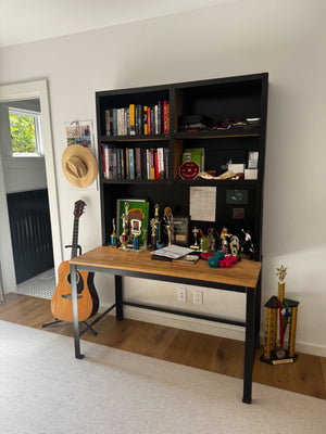 Ballard Designs Dark Natural Oak Wood Desk with Attached Shelving Unit, Black Frame 49 x 25 x 76