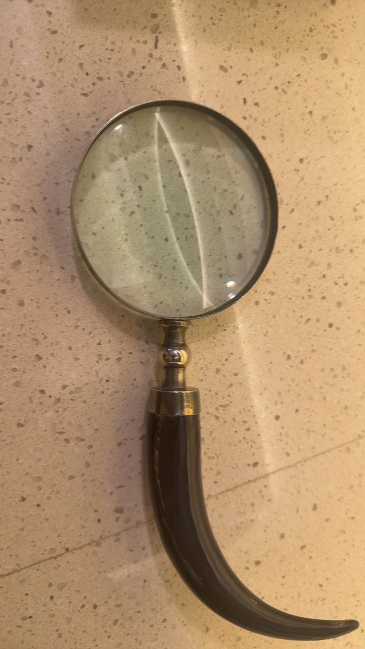 Vintage-Style Decorative Magnifying Glass with Polished Brass Frame and Horn/Tusk Handle