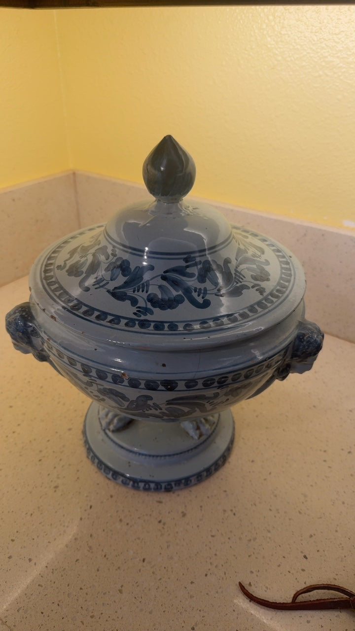 Antique Italian Majolica/Faience Repaired Lidded Zuppiera Tureen with Pale Blue-Grey Glaze, Dark Blue Floral Motifs & Scroll Handles