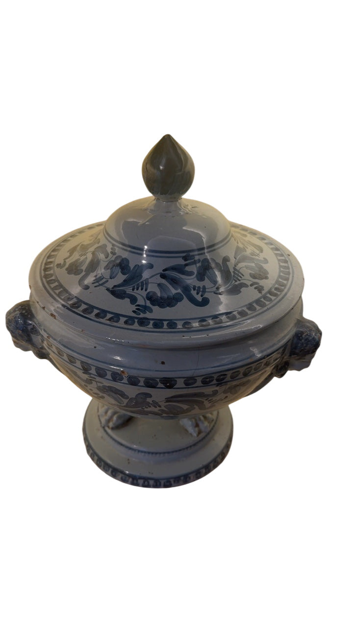 Antique Italian Majolica/Faience Repaired Lidded Zuppiera Tureen with Pale Blue-Grey Glaze, Dark Blue Floral Motifs & Scroll Handles