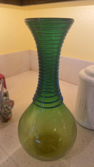 Blenko #8318 Green Glass Vase with Applied Cobalt Blue Spiral Detail, Designed by Don Shepherd (Signed Richard Blenko)