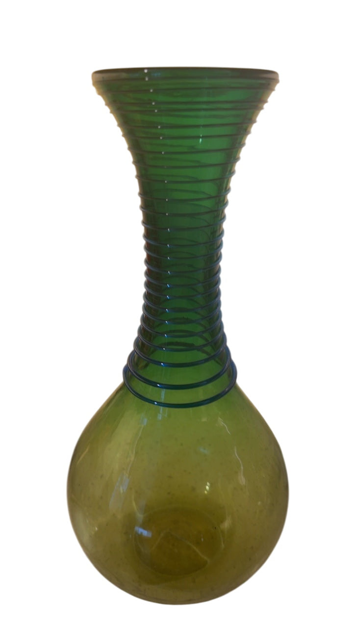Blenko #8318 Green Glass Vase with Applied Cobalt Blue Spiral Detail, Designed by Don Shepherd (Signed Richard Blenko)