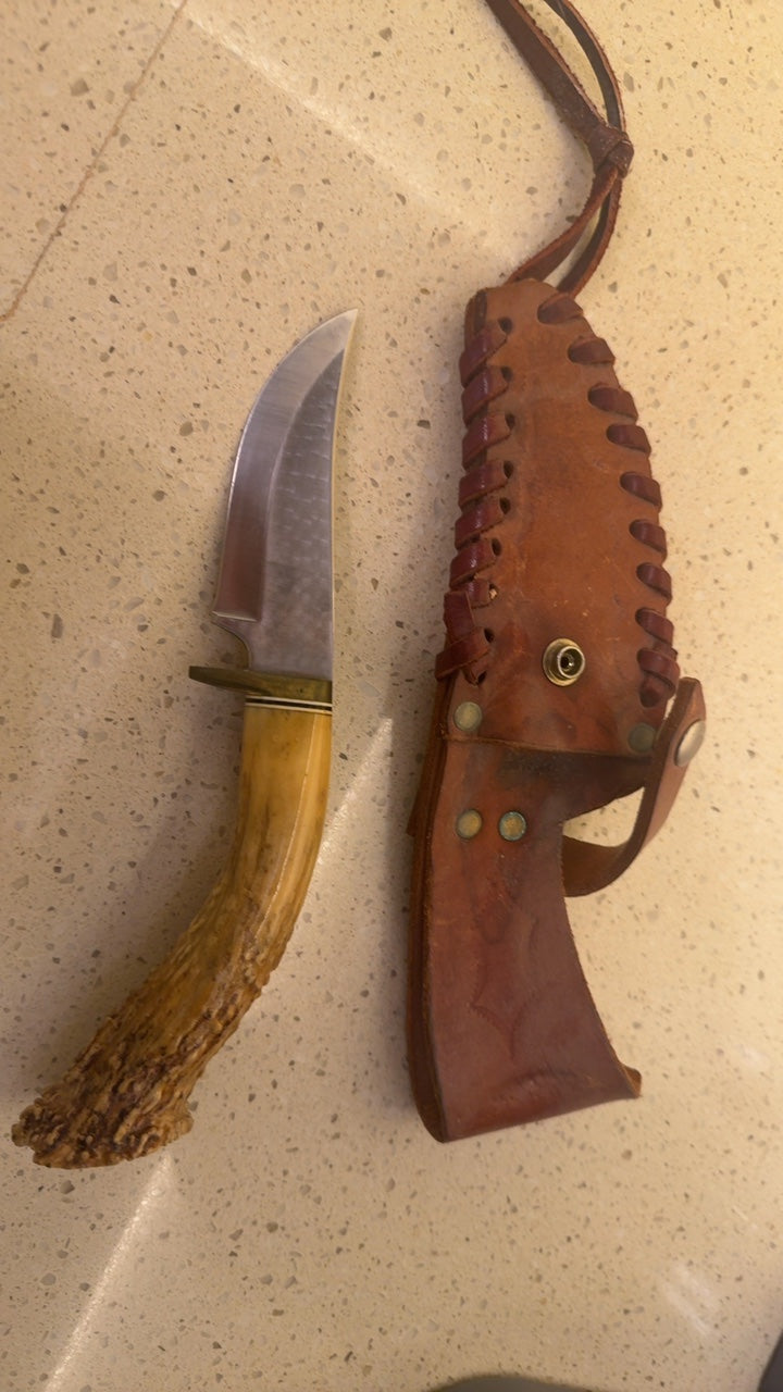 Vintage Fixed-Blade Hunting/Skinners Knife with Antler-Tine Handle, Brass Guard & Laced Leather Pouch Sheath