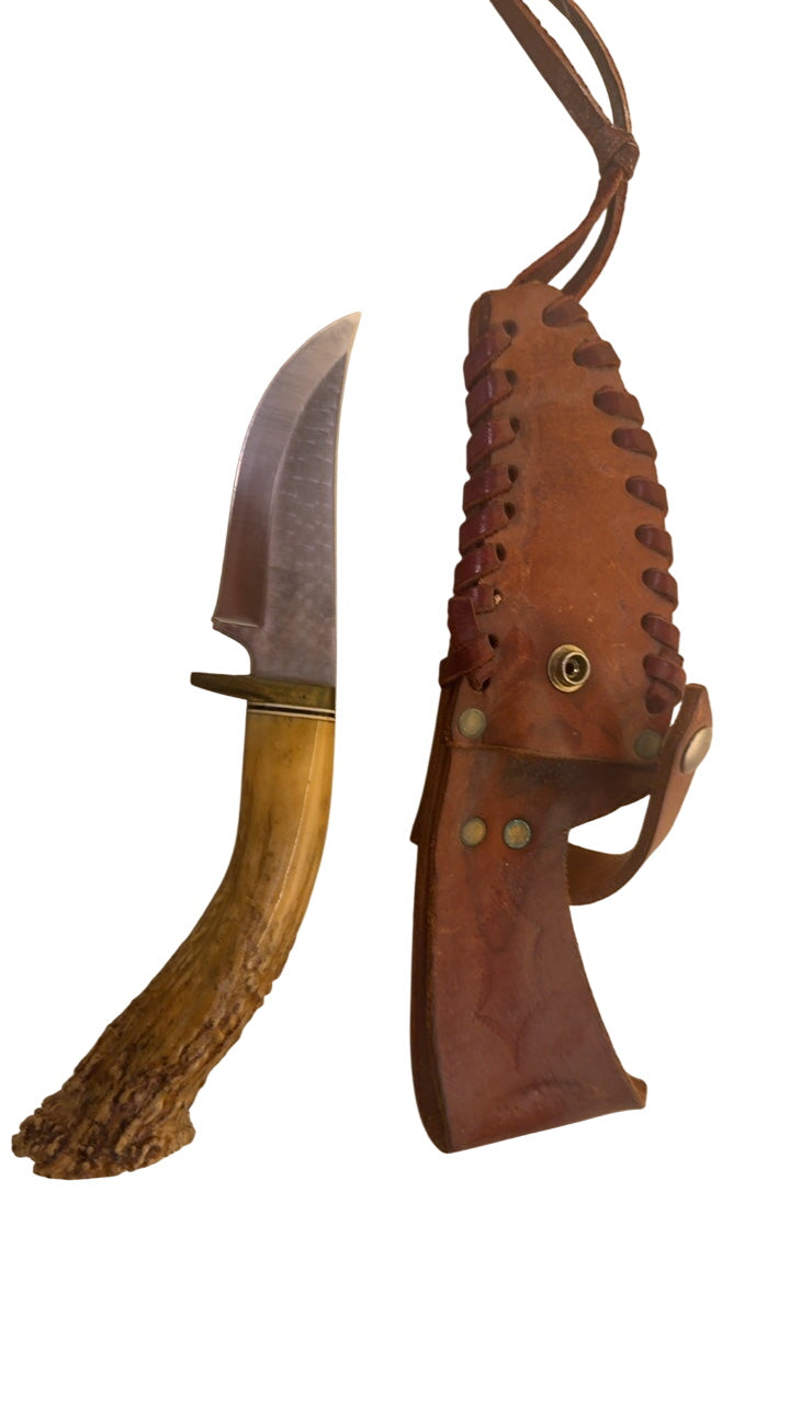 Vintage Fixed-Blade Hunting/Skinners Knife with Antler-Tine Handle, Brass Guard & Laced Leather Pouch Sheath