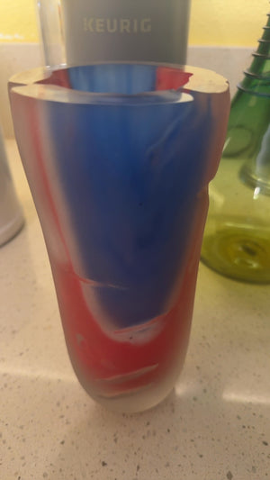 Heavy Moreno glass style red light and blue patriotic vase signed on bottom “1994”
