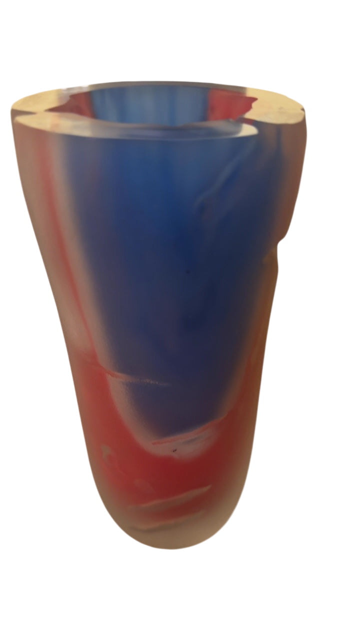 Heavy Moreno glass style red light and blue patriotic vase signed on bottom “1994”