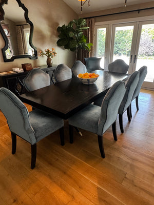 10 Custom Aegean Textile Dining Chairs  (8 Armless, 2 With Arms) With Curved Backs, Tapered Legs & Nailhead-Style Trim