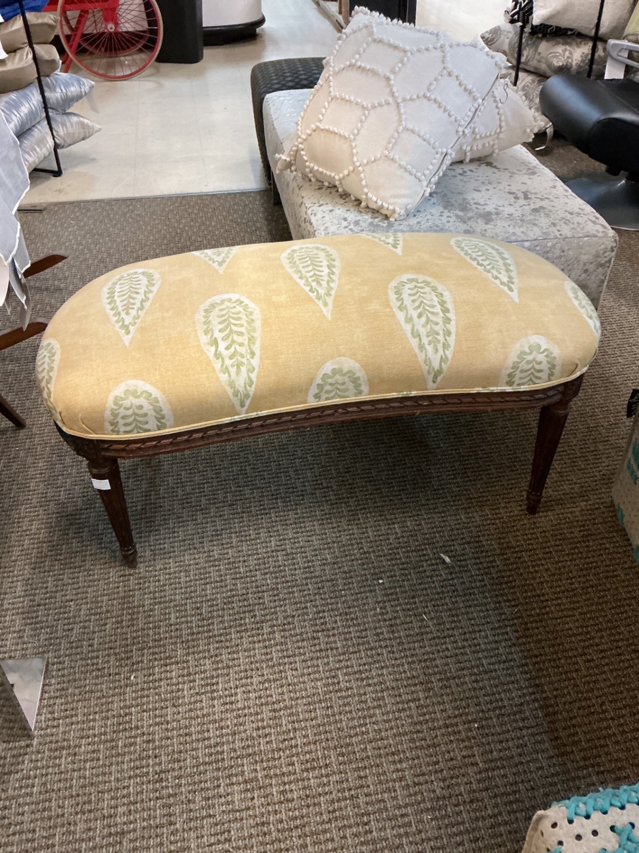 Kidney-Shaped Wood Carve Ottoman 41 x 22 x 18