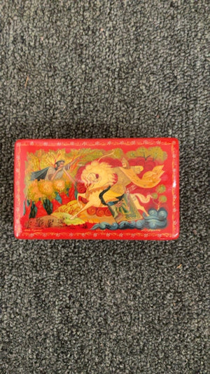 Vintage Russian Box with Horse & Rider Folk Art Scene, Red Finish (4")