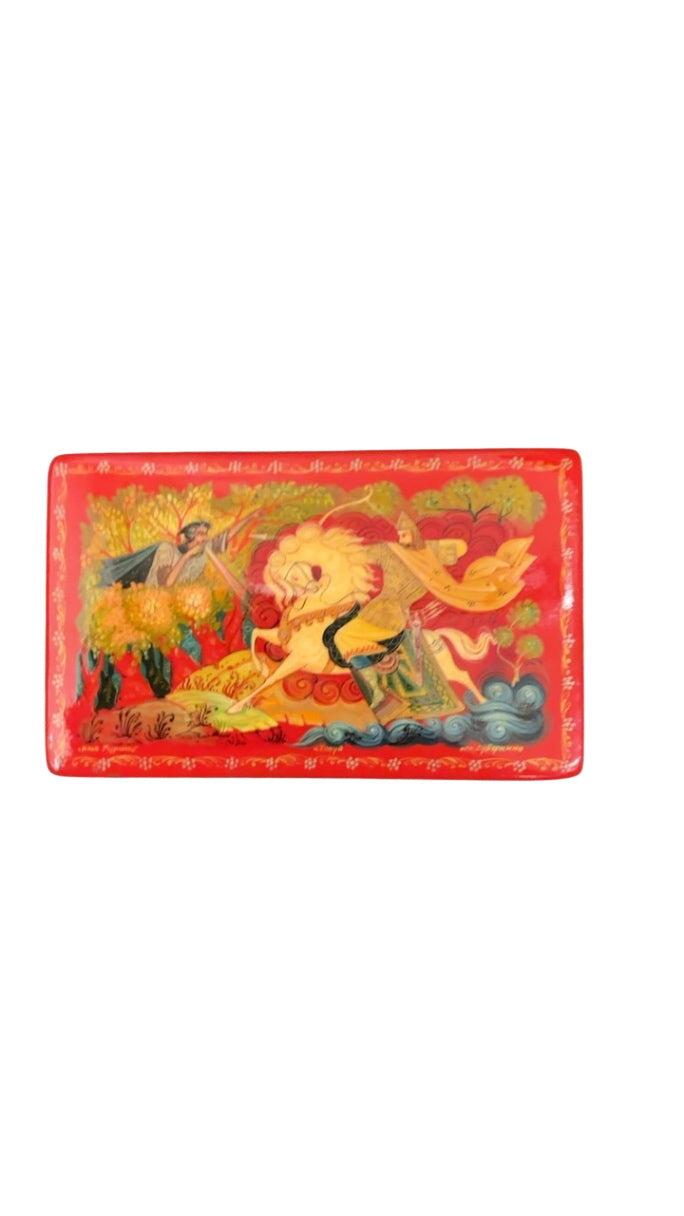 Vintage Russian Box with Horse & Rider Folk Art Scene, Red Finish (4")
