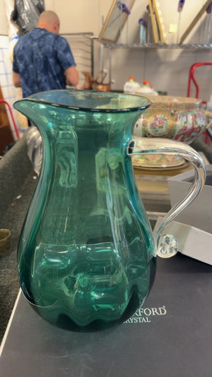 Richard Blenko Signed Handblown Art Glass Pitcher with Clear Applied Handle (Emerald/Antique Green)
