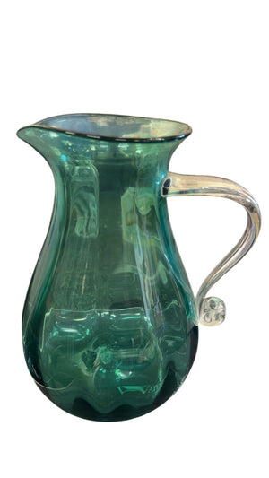 Richard Blenko Signed Handblown Art Glass Pitcher with Clear Applied Handle (Emerald/Antique Green)