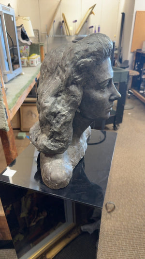 Signed Bronze Woman Bust Sculpture on Black Lacquer Stand
