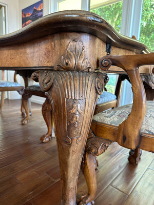 Queen Anne Carved Burl Walnut Dining Table + 6 Chairs + 2 Leaves