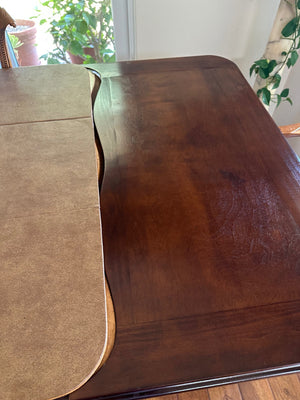 Queen Anne Carved Burl Walnut Dining Table + 6 Chairs + 2 Leaves