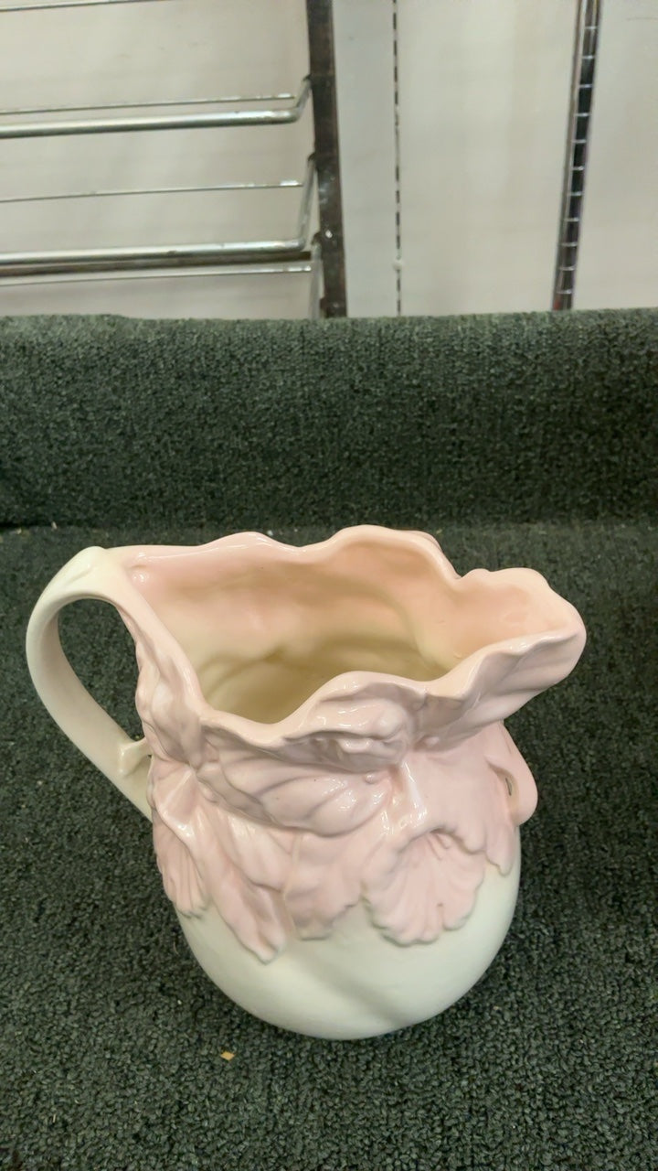 Vintage Pink Lily or Hibiscus Floral Relief Ceramic Pitcher with Pastel Pink & Cream Design