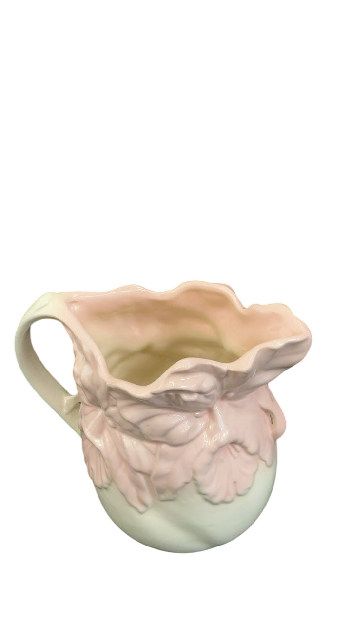 Vintage Pink Lily or Hibiscus Floral Relief Ceramic Pitcher with Pastel Pink & Cream Design