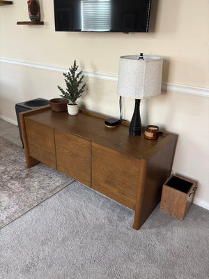 Article Torme Smoked Oak Media Console / Media Unit, Scandi-Inspired Wood Cabinet with 3 Handleless Doors