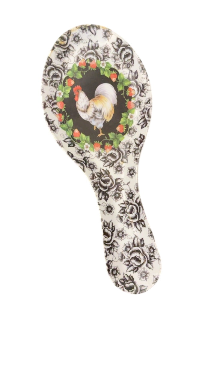 UPware Country Rooster Melamine Spoon Rest with Black & White Floral Toile and Strawberry Vine Pattern