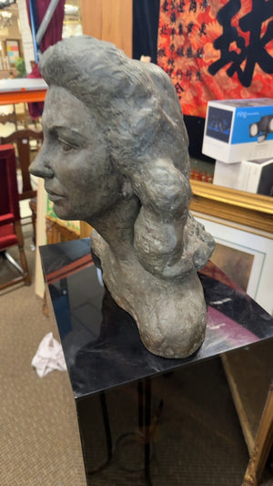 Signed Bronze Woman Bust Sculpture on Black Lacquer Stand
