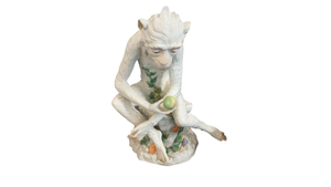 Dresden Porcelain Monkey Figurine Holding an Apple on Floral Stump (Carl Thieme / VEB Saxonian Manufactory) — Right Foot Missing Single Appendage