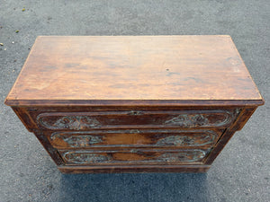 Antique Style Distressed Wooden Three-Drawer Dresser Chest with Green Paint Accents