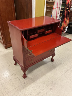 Red Lacquered Drop Front Secretary Desk