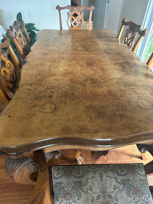 Queen Anne Carved Burl Walnut Dining Table + 6 Chairs + 2 Leaves