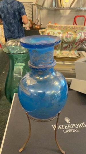 Antique Hand-Blown Blue Glass Vessel with Flared Rim & Tripod Metal Stand