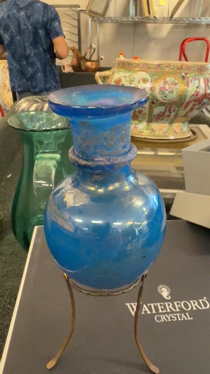 Antique Hand-Blown Blue Glass Vessel with Flared Rim & Tripod Metal Stand