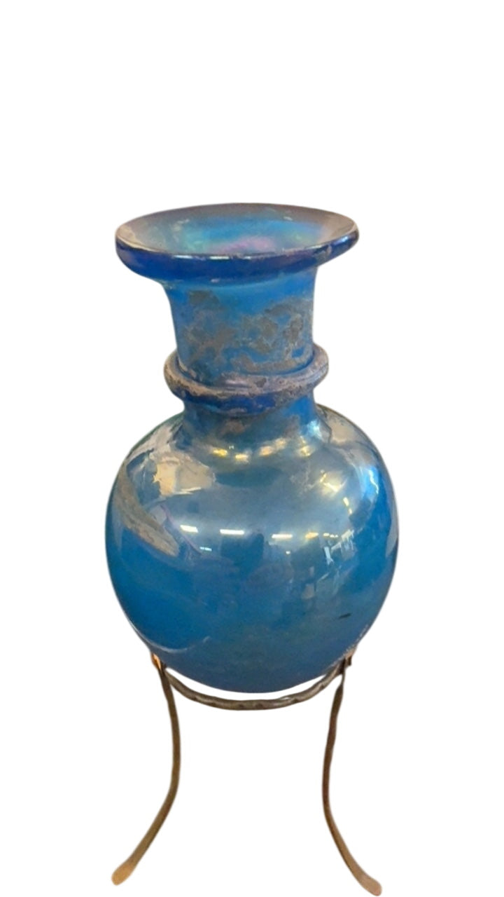 Antique Hand-Blown Blue Glass Vessel with Flared Rim & Tripod Metal Stand