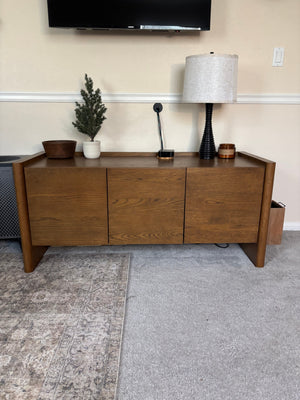 Article Torme Smoked Oak Media Console / Media Unit, Scandi-Inspired Wood Cabinet with 3 Handleless Doors