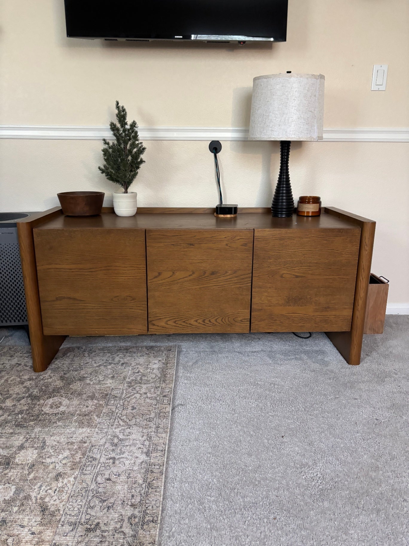 Article Torme Smoked Oak Media Console / Media Unit, Scandi-Inspired Wood Cabinet with 3 Handleless Doors