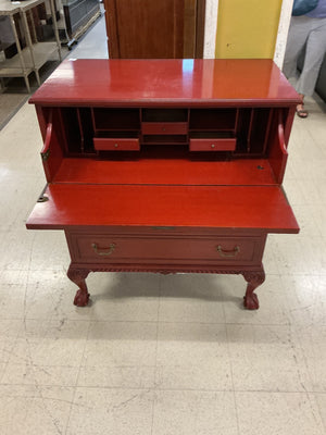 Red Lacquered Drop Front Secretary Desk
