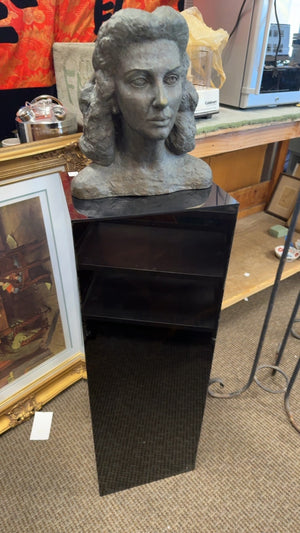 Signed Bronze Woman Bust Sculpture on Black Lacquer Stand