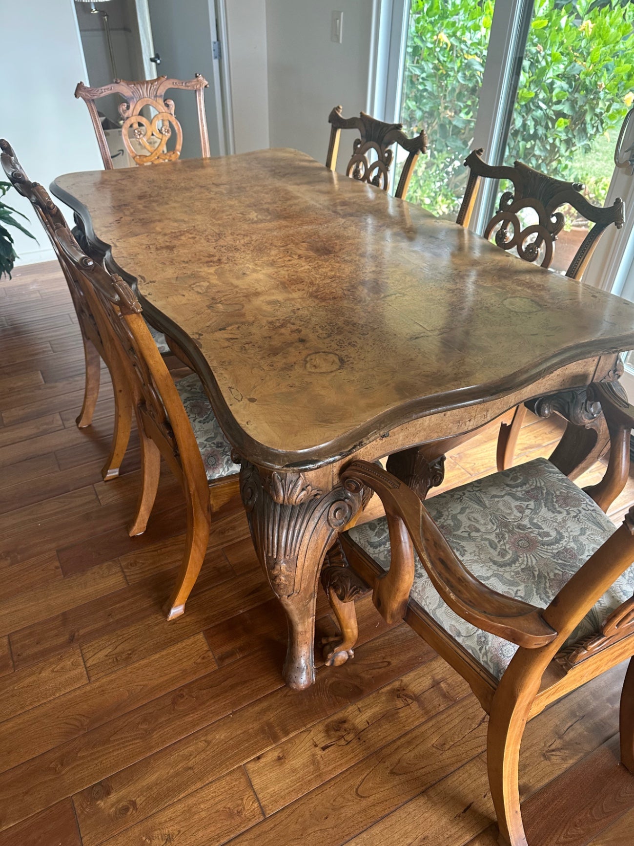 Queen Anne Carved Burl Walnut Dining Table + 6 Chairs + 2 Leaves