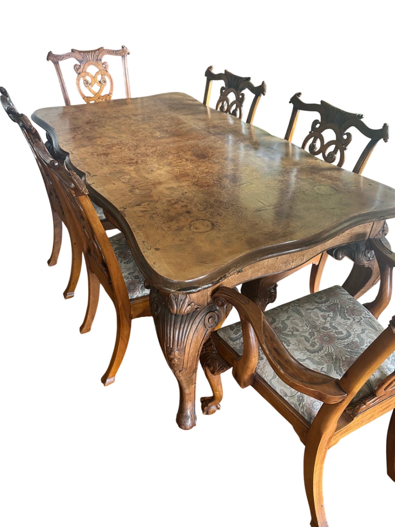 Queen Anne Carved Burl Walnut Dining Table + 6 Chairs + 2 Leaves