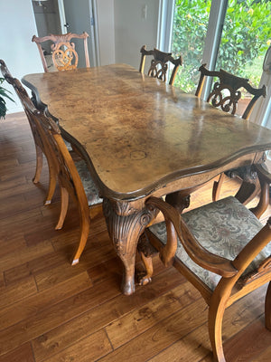 Queen Anne Carved Burl Walnut Dining Table + 6 Chairs + 2 Leaves