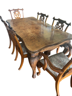Queen Anne Carved Burl Walnut Dining Table + 6 Chairs + 2 Leaves