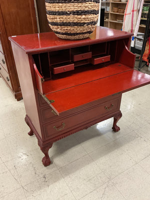 Red Lacquered Drop Front Secretary Desk