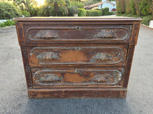 Antique Style Distressed Wooden Three-Drawer Dresser Chest with Green Paint Accents