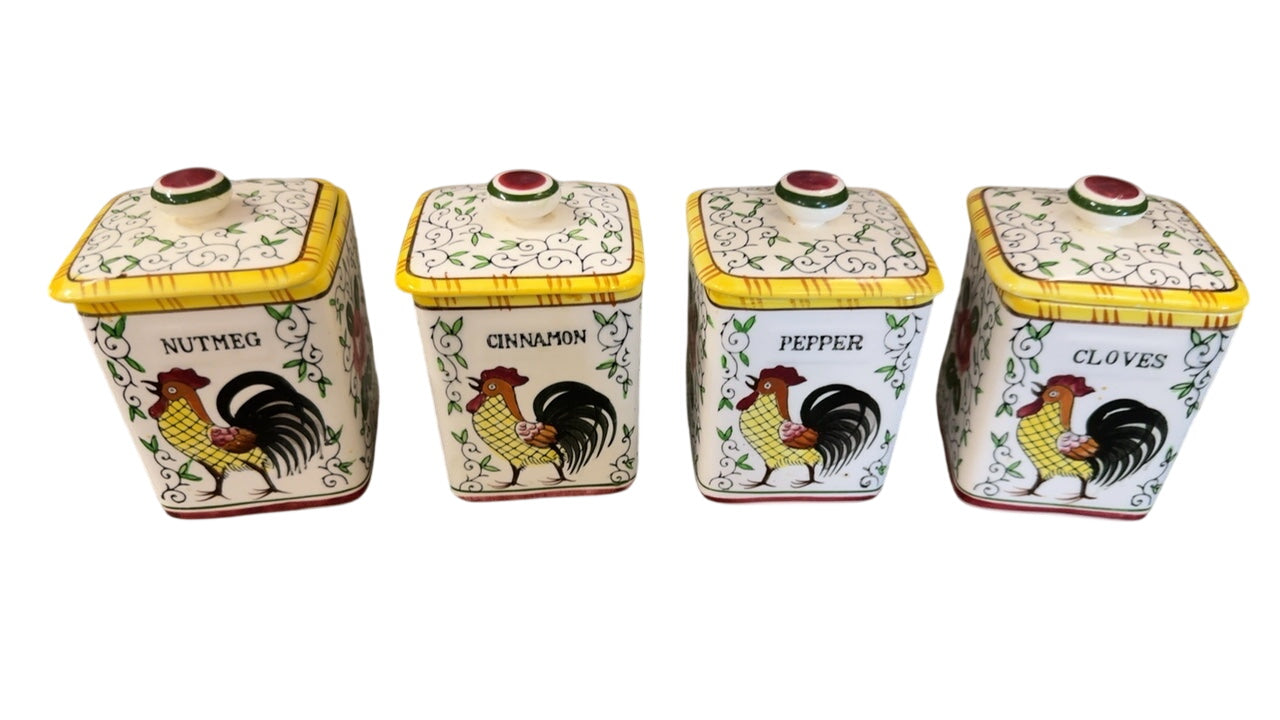 Set of 4 Spice Containers w/ Lids Signed PY – Nutmeg, Cinnamon, Pepper & Cloves