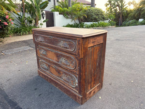 Antique Style Distressed Wooden Three-Drawer Dresser Chest with Green Paint Accents