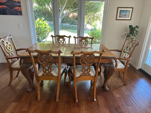 Queen Anne Carved Burl Walnut Dining Table + 6 Chairs + 2 Leaves